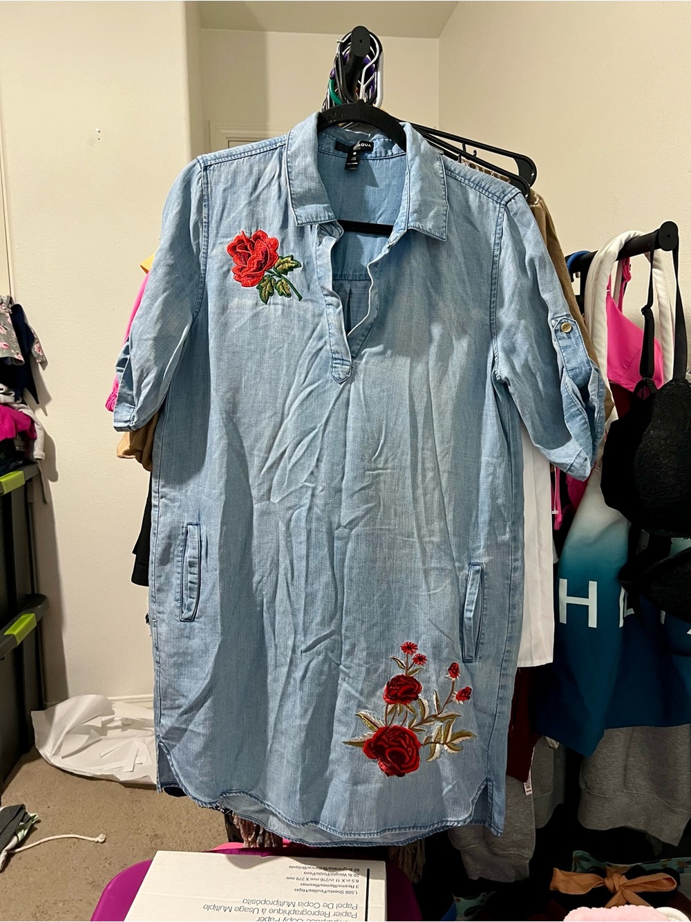 Aqua Chambray Dress With Red Rose Embroidery
